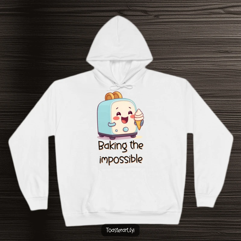 Funny hoodie depicting a happy toaster character attempting to bake a tiny ice cream cone, showcasing cozy and comedic baking.