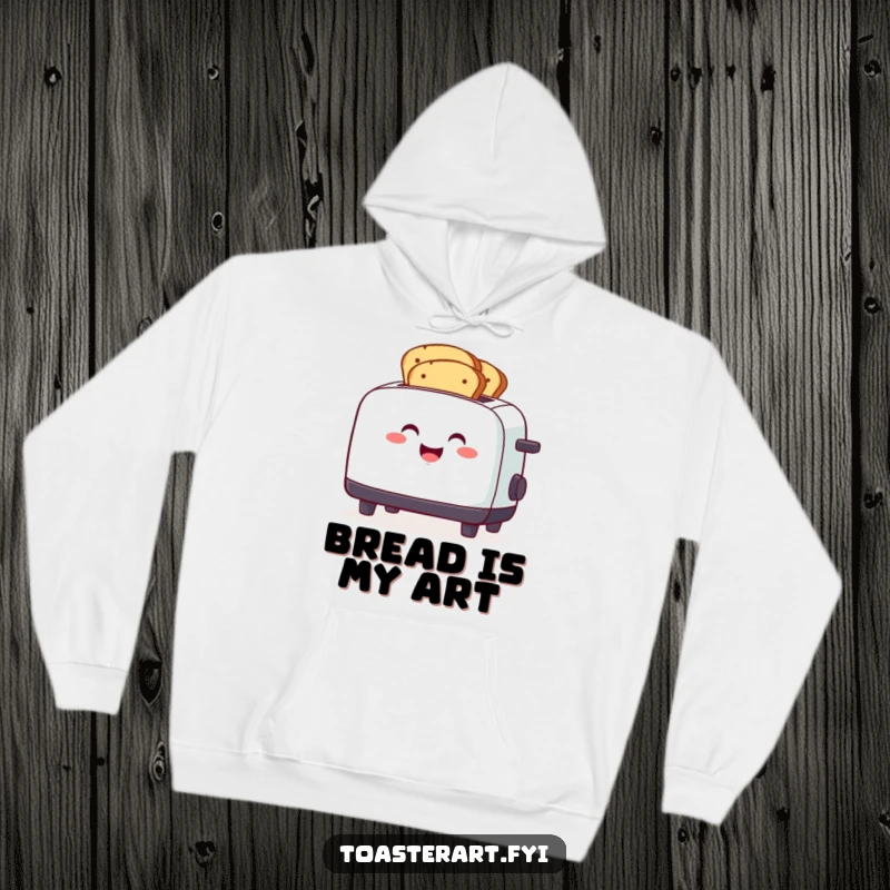 Funny smiling toaster character toasting multiple bread slices, a cozy and funny hoodie.