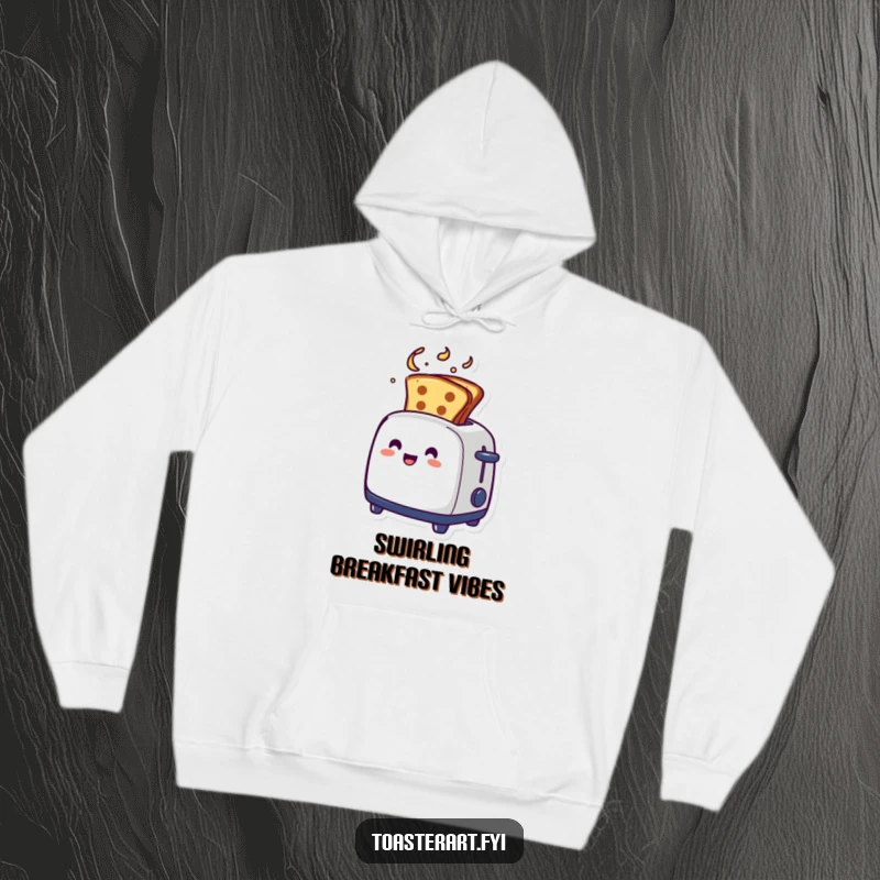 Funny artistic toaster hoodie, toast emerging in a swirl, cozy and humorous clothing.