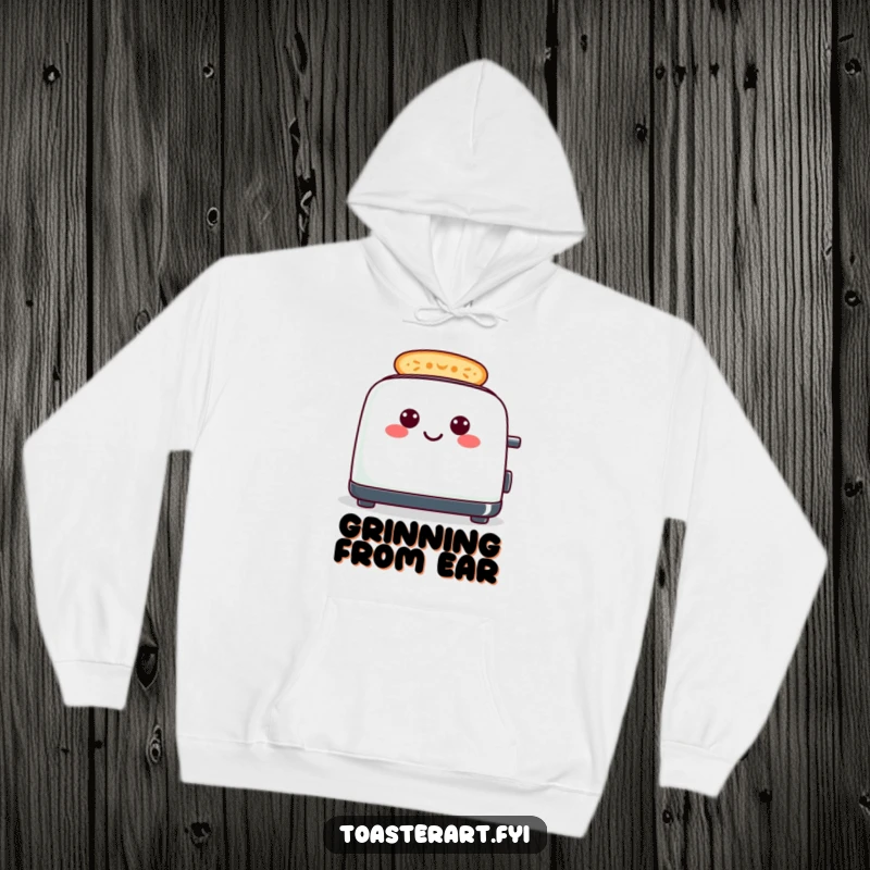Funny cheerful toaster hoodie, toast creating happy smiley faces, warm and humorous outerwear.