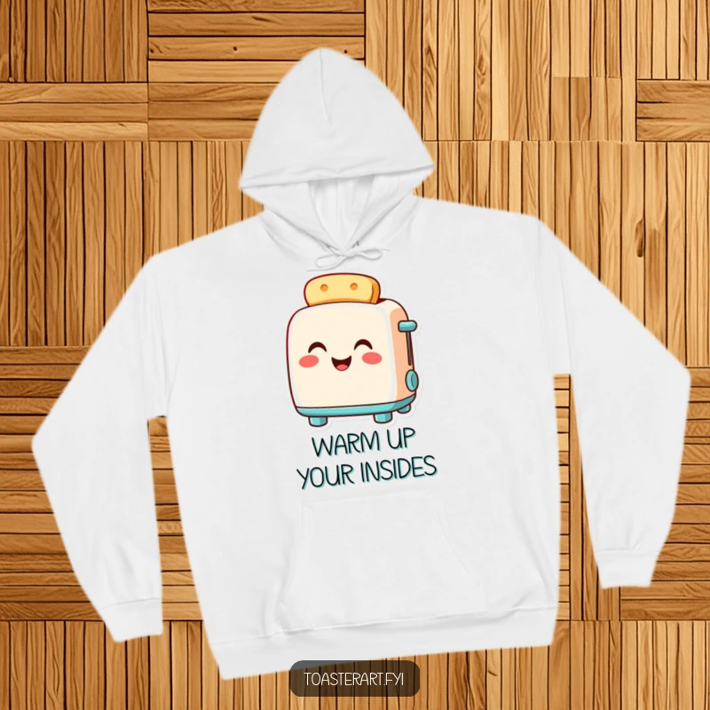 Funny toaster hoodie featuring a smiling toaster character glowing warmly with pride, offering cozy comfort and humorous style.