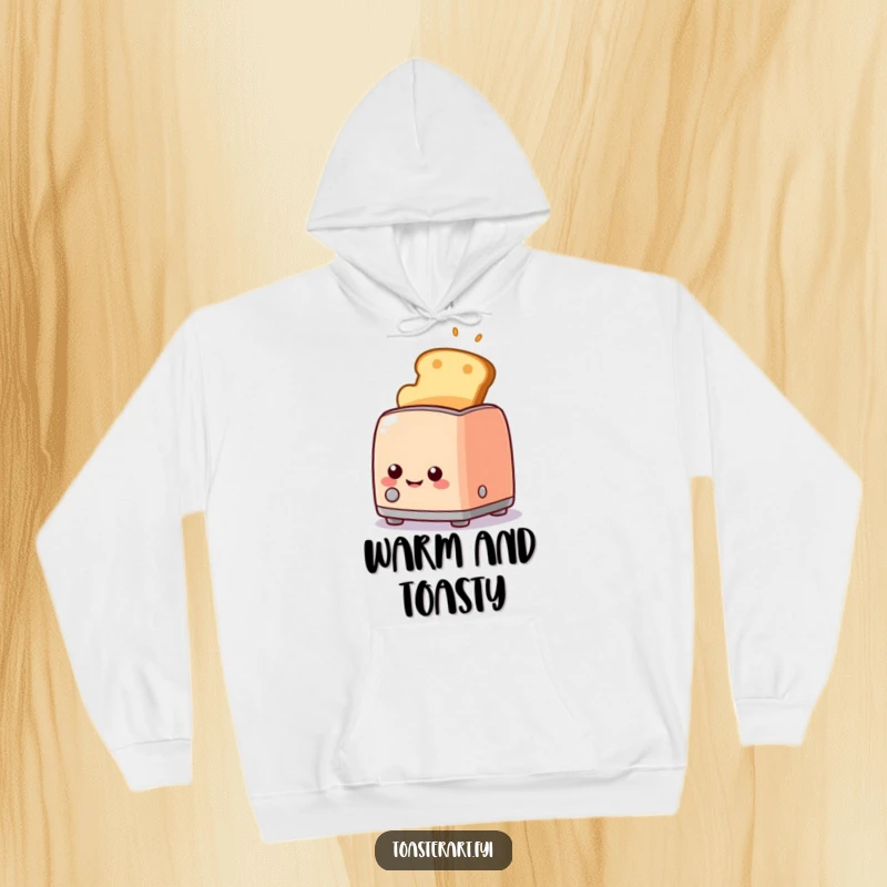 Funny happy toaster character popping up golden toast with a smile, cozy hoodie design, perfect for warm and cheerful days.