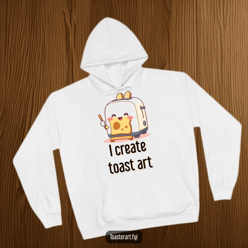 Funny hoodie showcasing a happy toaster creating art by painting pictures with toast, a cozy and humorous wearable design.