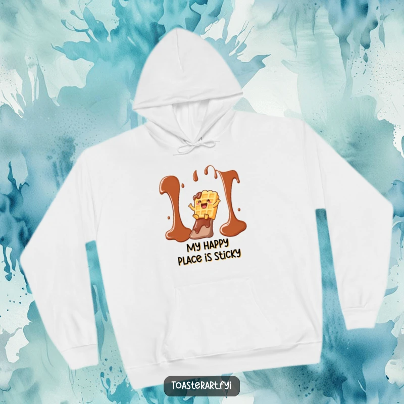 Funny waffle character taking a thrilling slide down chocolate syrup on this cozy hoodie, a delightful and humorous design.