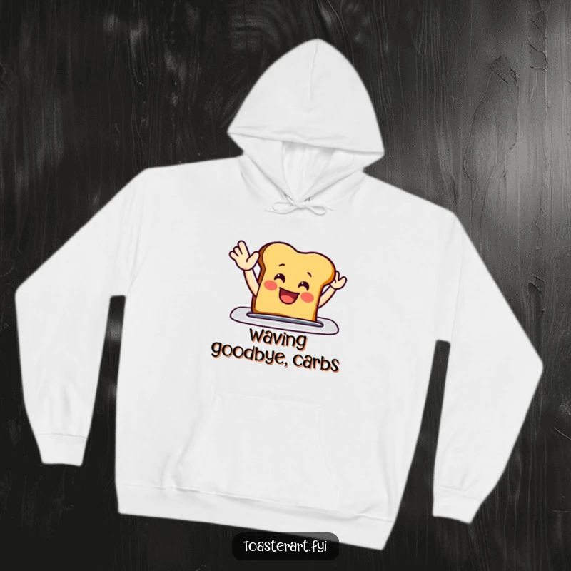 Funny hoodie with a grinning toast slice enthusiastically waving from a toaster slot, perfect for cozy, cheerful vibes.