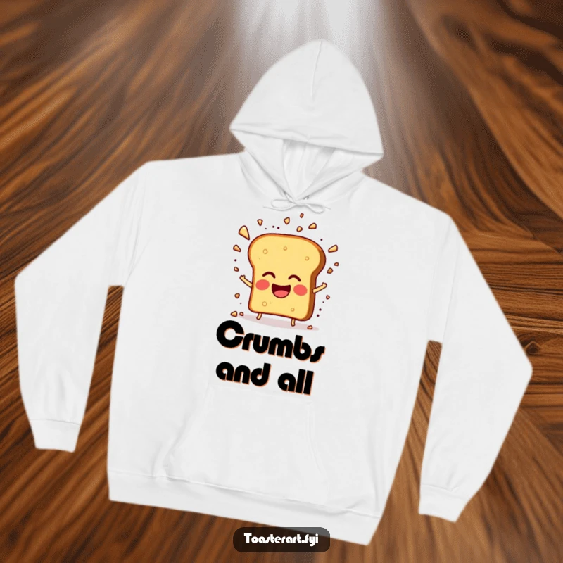 Funny hoodie, warm and cozy, with a giggling toast character and an explosion of happy crumbs, ideal for cheer.
