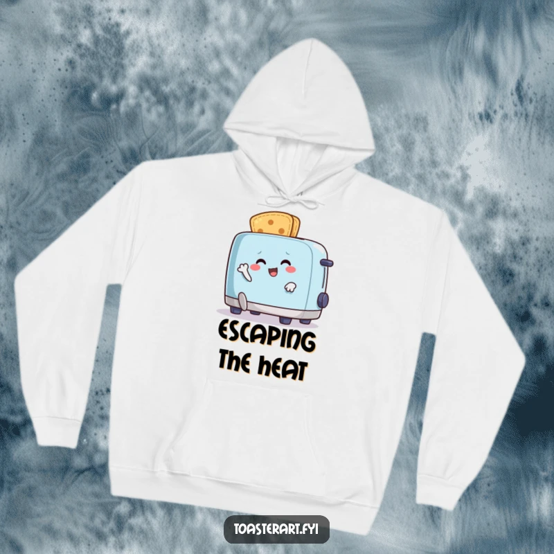 Funny hoodie with a happy crumb character comically running from an animated toaster, perfect for cozy warmth and breakfast antics.