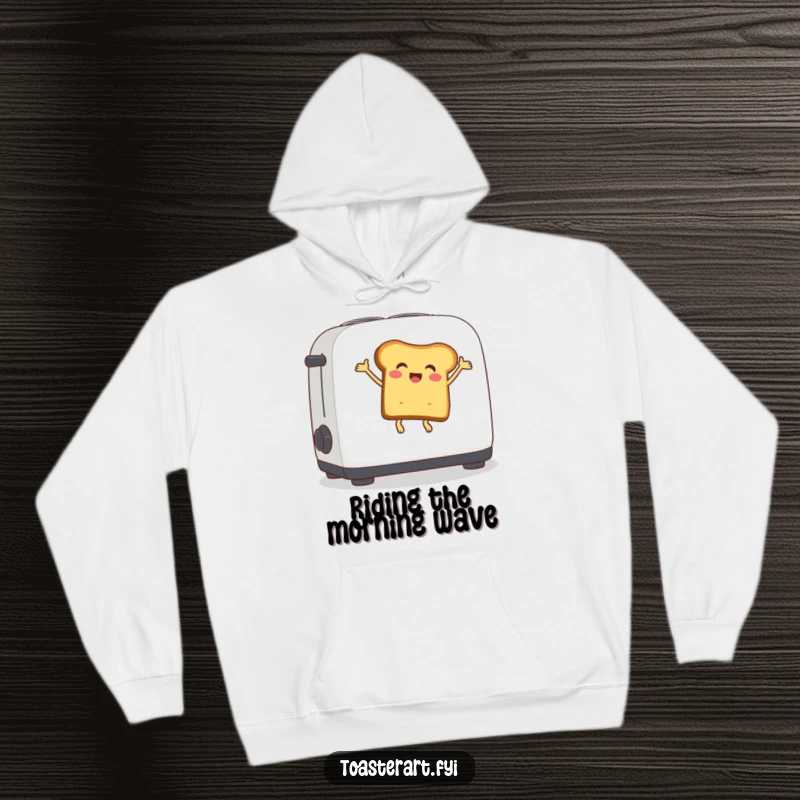 Funny hoodie showcasing a delighted bread slice character having a bouncy good time on a toaster lever, bringing cozy humor.
