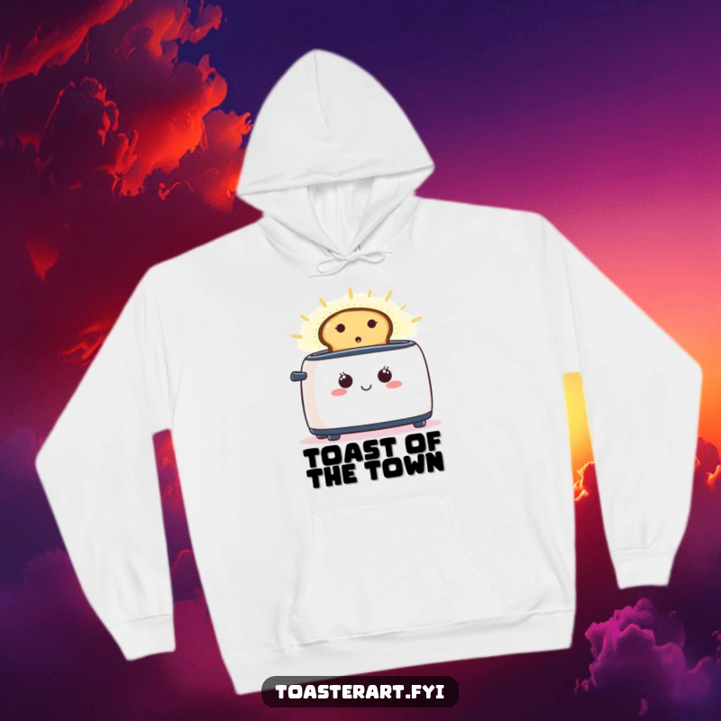 Funny hoodie design of a smiling toaster with toast creating a beautiful, glowing aura, evoking morning comfort.