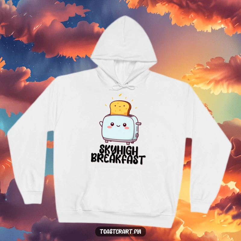 Funny kawaii toaster character happily launching golden toast, a cozy and funny hoodie.