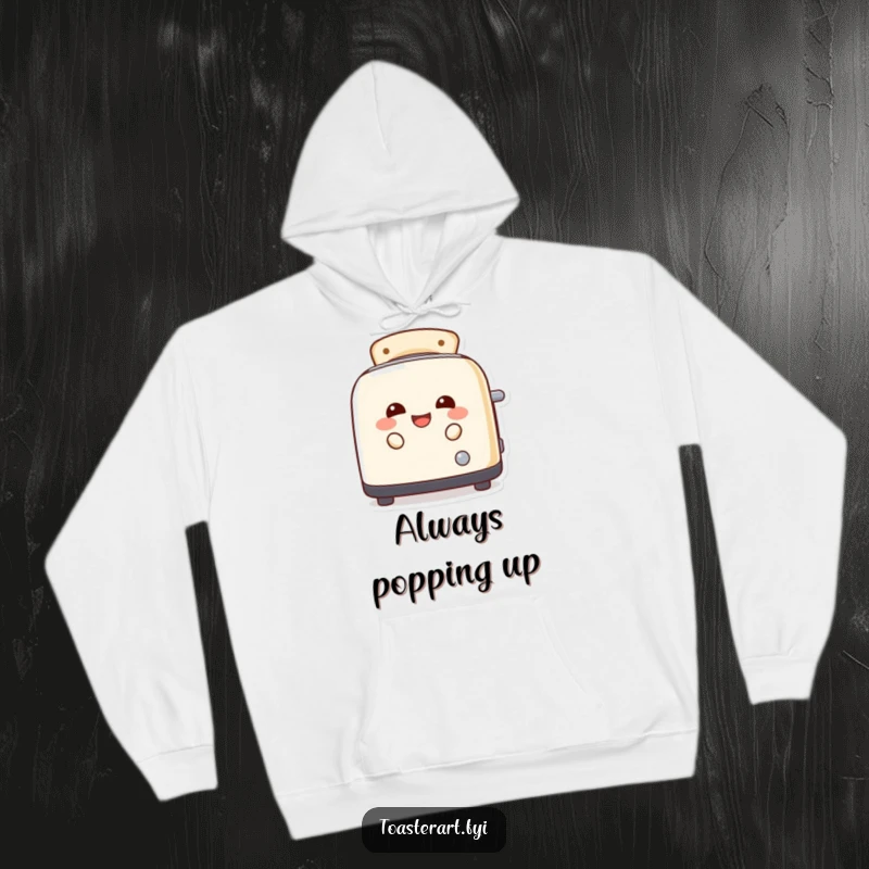 Funny, laughing toaster character peeking from toast slots on a cozy hoodie, offering warmth and humor.