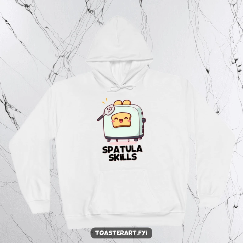 Funny hoodie showing a toaster character comically attempting to catch flying toast with a spatula, a warm and humorous design.