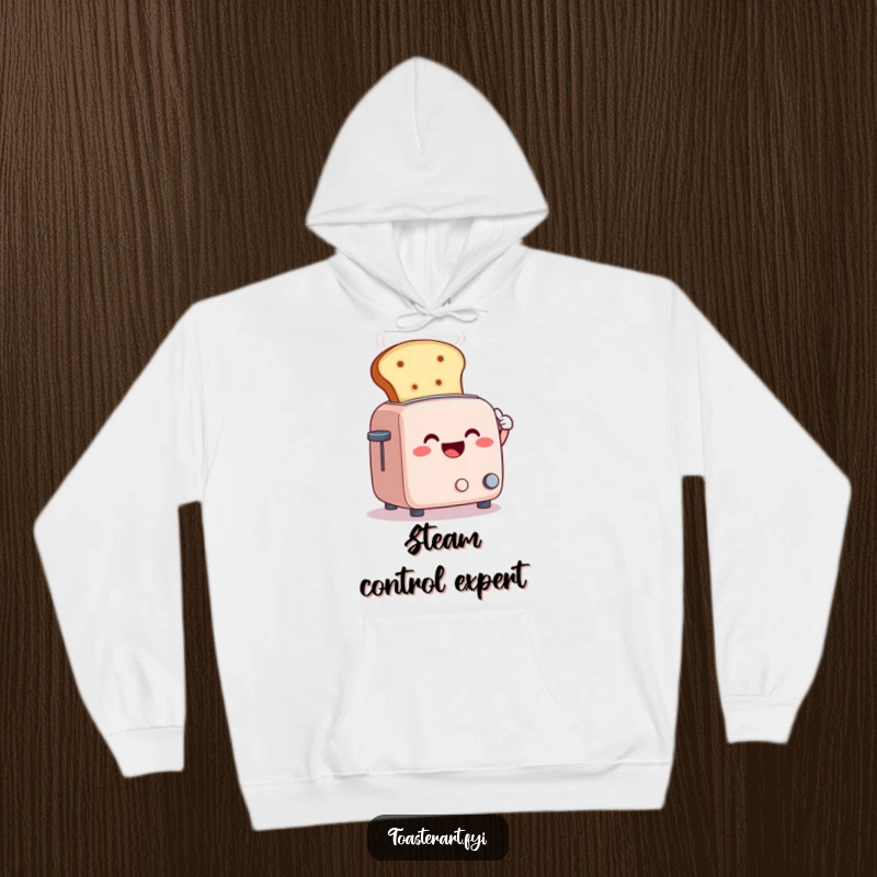 Funny hoodie depicting a smiling toaster character fanning steam away with a giant slice of bread, cozy and comedic relief.
