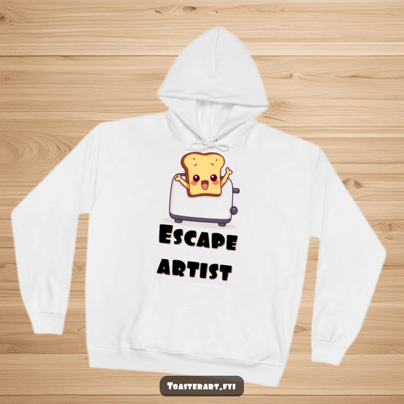 Funny hoodie featuring a surprised toast character comically leaping out of a toaster. Cozy and humorous attire for chilly days.