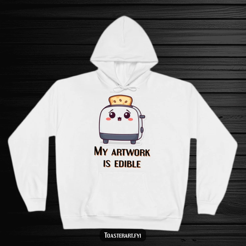 Funny, surprised toaster character gazing at toast art on a cozy hoodie, offering comfort and a touch of artistic humor.