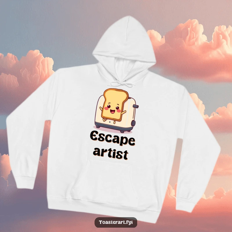 Funny Hoodie: Cartoon toast comically jumps out of a toaster, a humorous and cozy apparel choice.