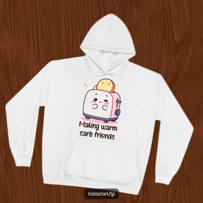 Funny hoodie featuring a playful toaster character interacting with bread, perfect for cozying up with a breakfast theme.