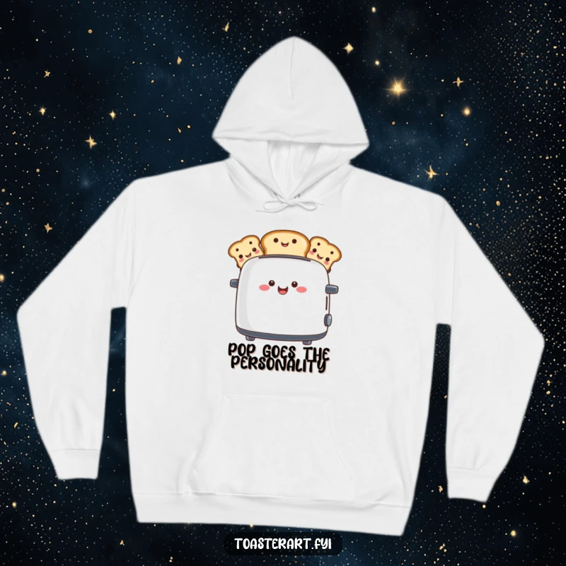 Funny hoodie with a happy toaster character presenting toast slices with funny, expressive faces, perfect for cozy mornings.