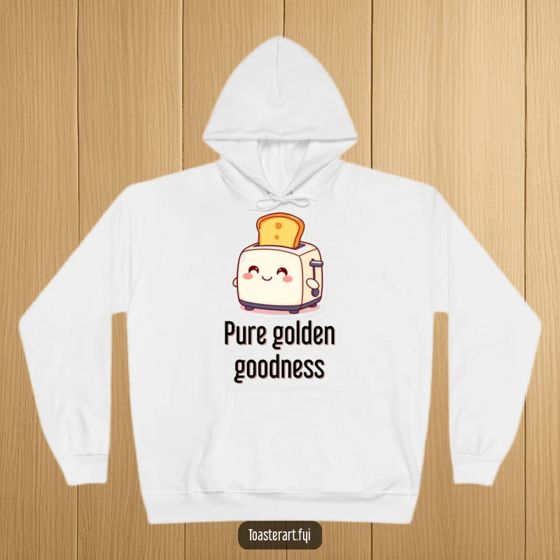 Funny hoodie with a smiling toaster character proudly ejecting a perfectly golden slice of toast, ideal for cozy mornings.