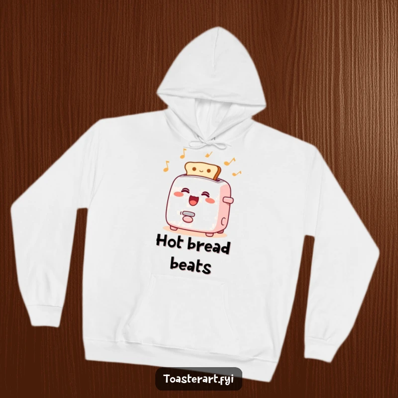 Funny hoodie showcasing a happy singing toaster character with toast popping rhythmically, radiating warmth and breakfast cheer.