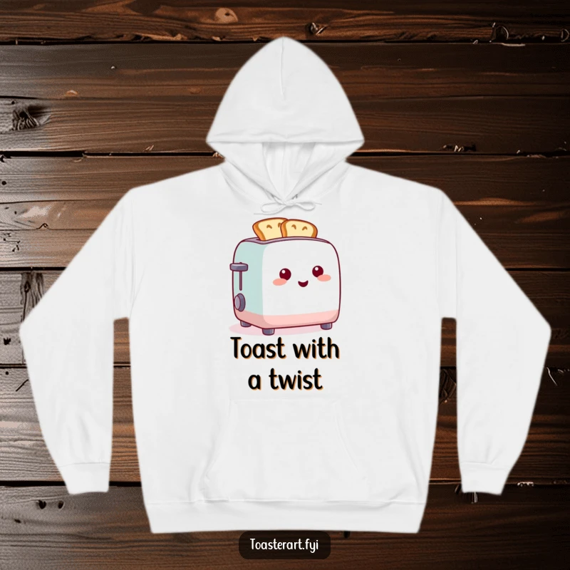 Funny hoodie design of a cheerful toaster creating toast in funny shapes, perfect for snuggly creative moments.