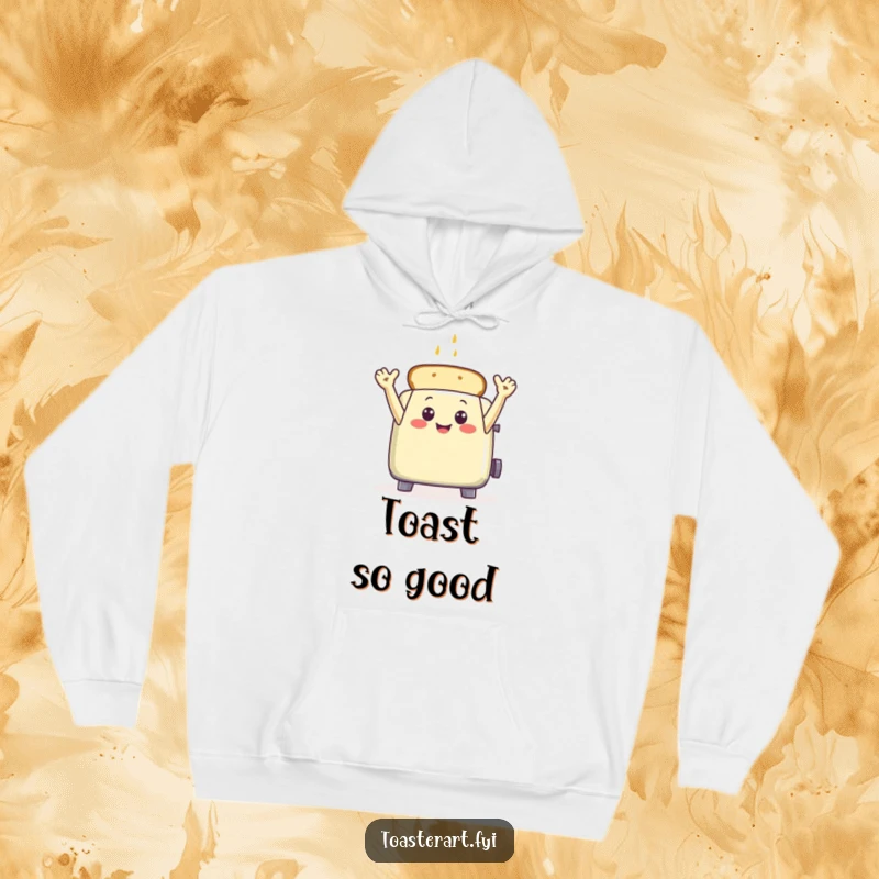 Funny toaster with toast arms raised in a greeting, a cozy and humorous hoodie design.