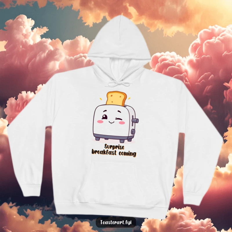 Funny toaster winking with toast launching, a cozy and humorous hoodie design for playful individuals.