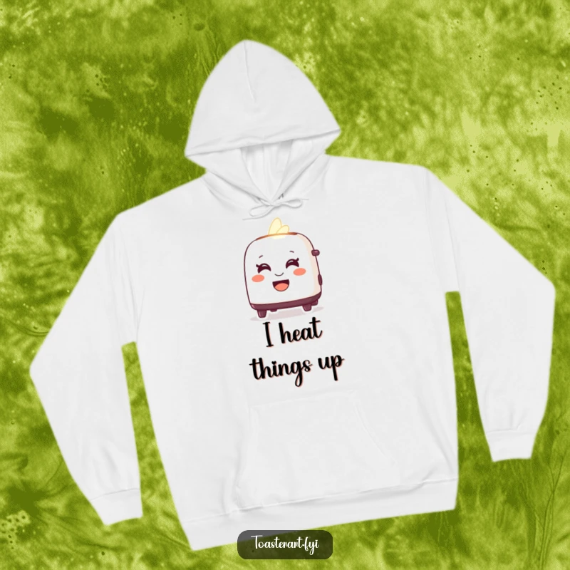 Funny hoodie with a delighted toaster character glowing warmly with a friendly smile, perfect for cozying up.