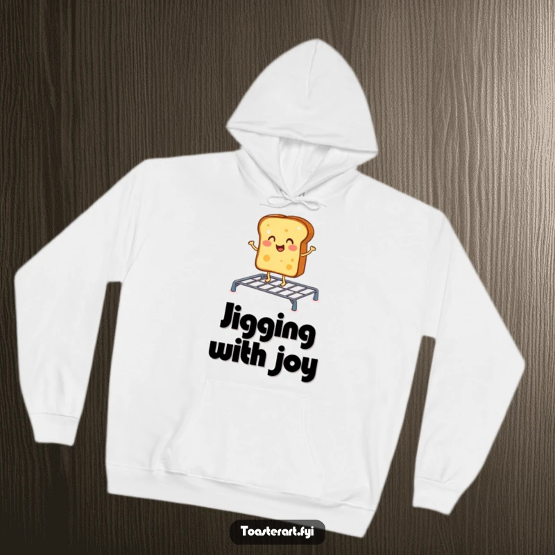 Funny hoodie with a cheerful toast character doing a jig on a toasting rack, perfect for cozy mornings and breakfast beats.