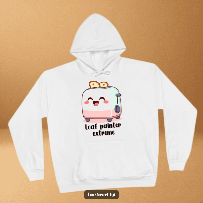 Funny hoodie with a giggling toaster character creating toast art, offering warmth and humor, a great funny gift.