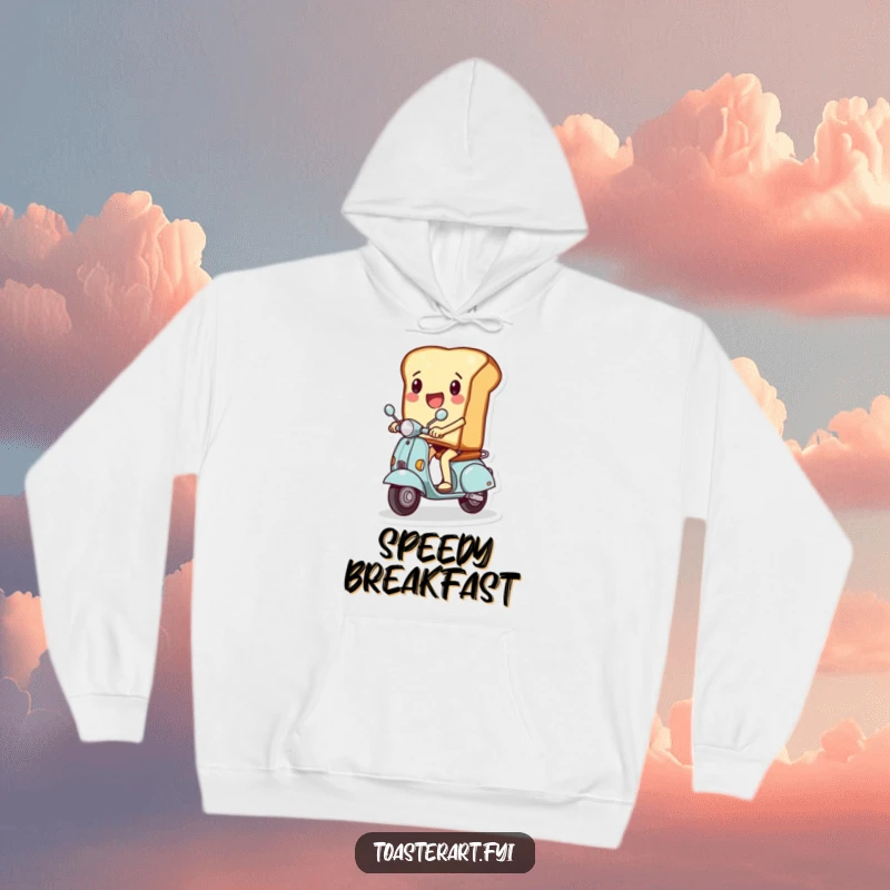 Funny hoodie illustration of a slice of toast character excitedly zipping on a miniature scooter, perfect for cozy, energetic wear.
