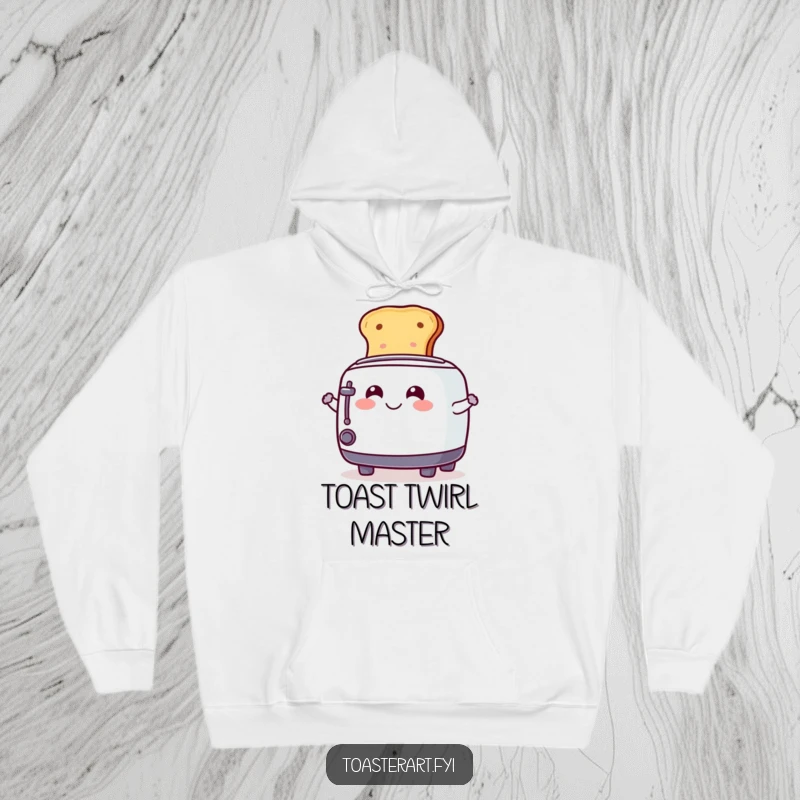 Funny Hoodie showcasing a happy toaster character in the act of playfully spinning a slice of toast with a joyful expression.