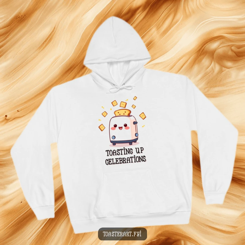 Funny toaster character ejecting toast slices like confetti, cozy hoodie design, perfect for warm and celebratory days.