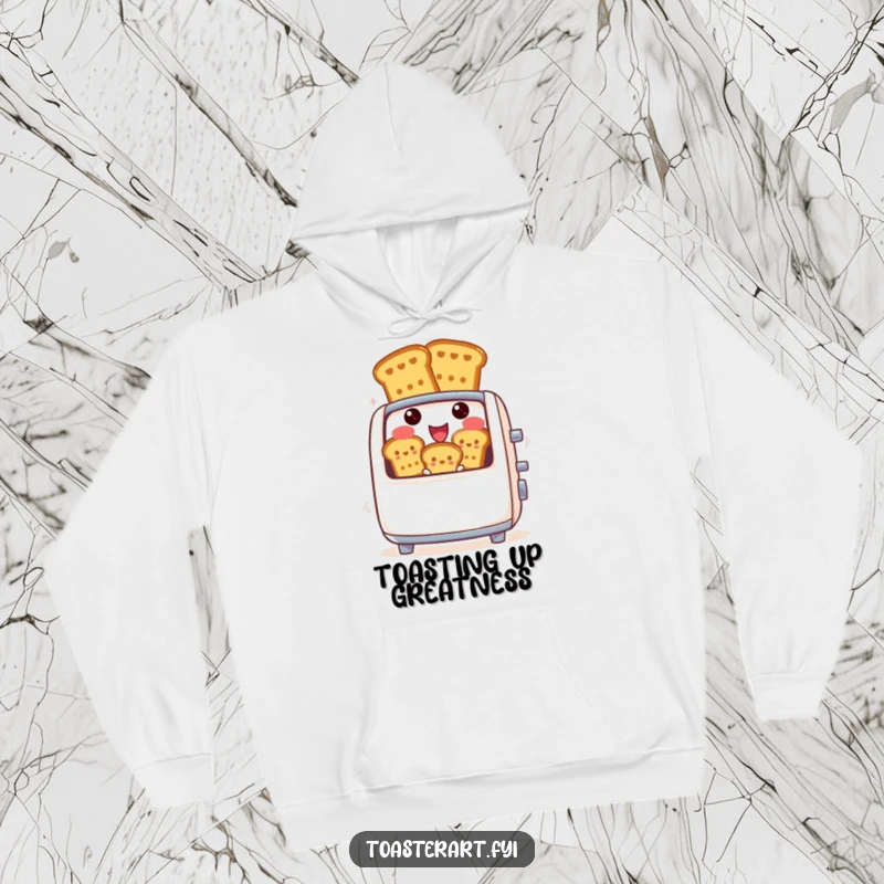 Funny hoodie depicting a cheerful toaster character popping out perfectly browned toast figures, radiating warmth and amusement.
