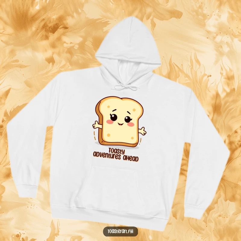 Funny bread slice hoodie with a winking character riding a piece of toast, offering warmth and a humorous, breakfast-themed design.