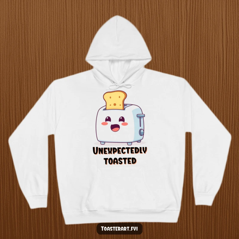 Funny Hoodie: Cheerful toaster character ejecting toast with a surprised expression, cozy and full of morning humor.