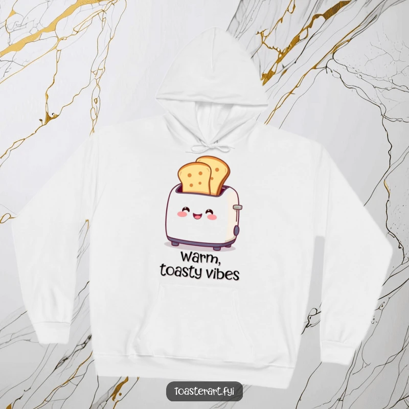 Funny hoodie illustration of a beaming toaster character launching two ideal toast slices mid-air, perfect for cozy, cheerful wear.