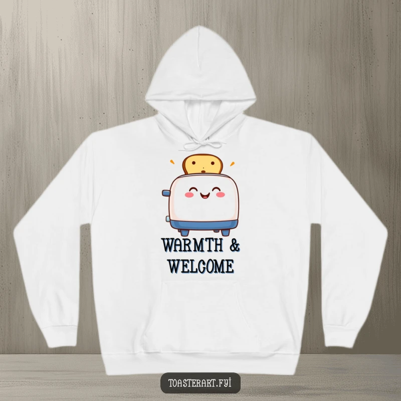 Funny hoodie depicting a grinning toaster character gleefully popping up toast, perfect for cozy, humorous moments.
