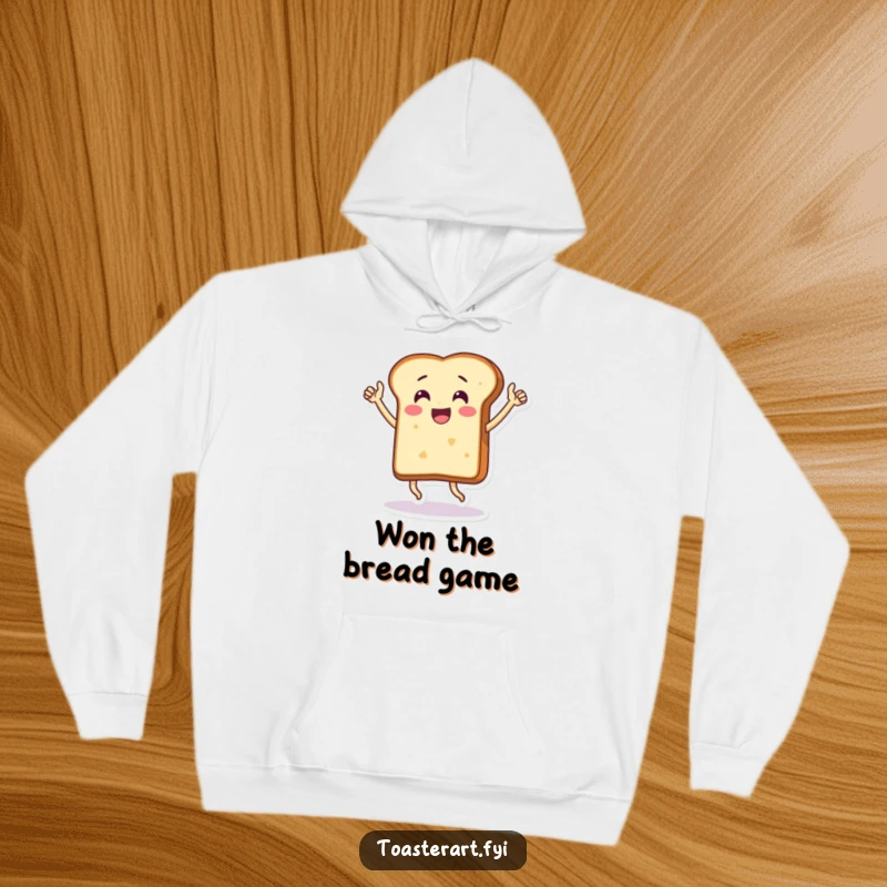 Funny hoodie with a thrilled bread slice character doing a victory dance, comfortable and spirited apparel.