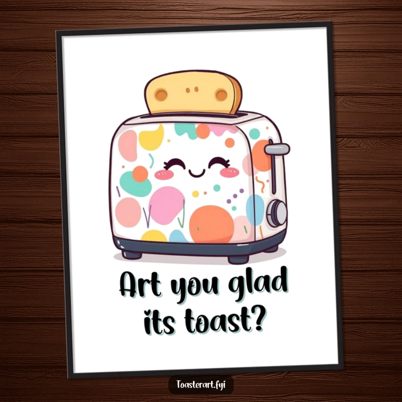Funny Free Printable Wall Art featuring a toaster decorated with colorful abstract art, captured mid-giggle with a joyful expression.