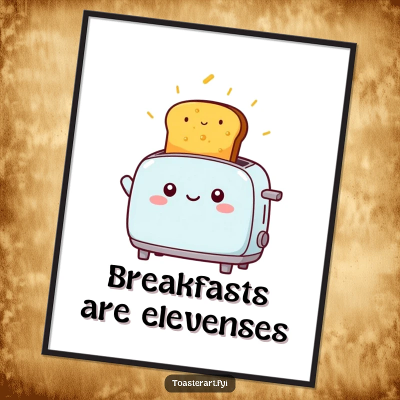 Funny free printable wall art of a kawaii toaster character happily launching perfectly golden toast high into the air.