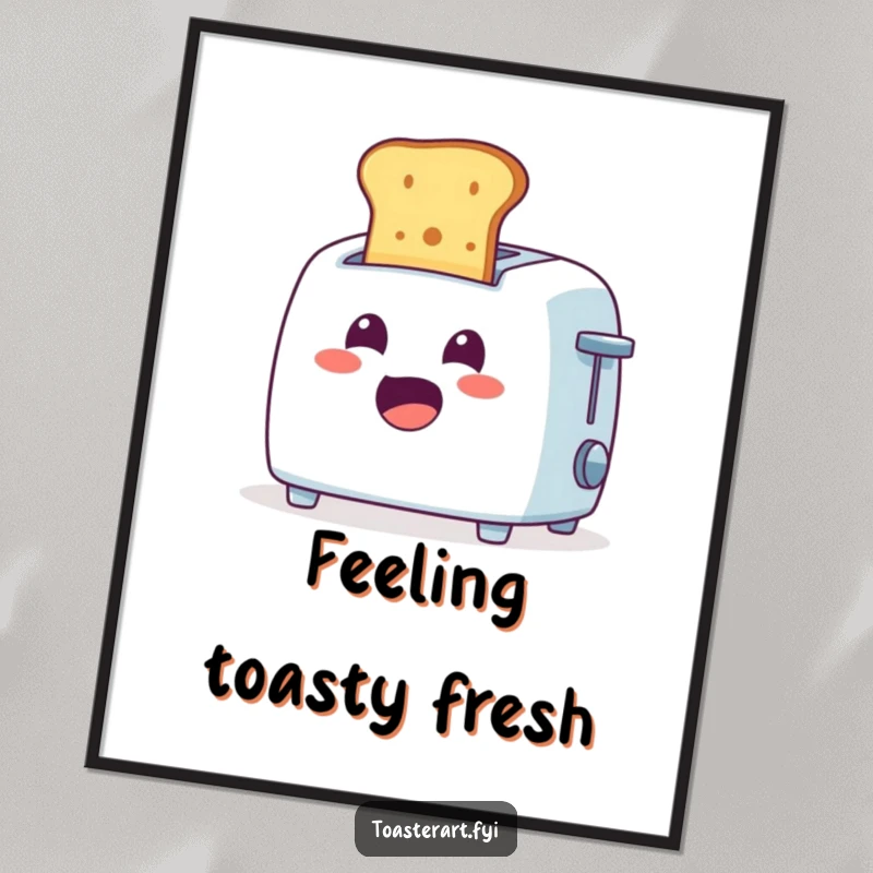 Funny free printable wall art depicting a cheerful toaster character ejecting toast with a surprised expression, adding breakfast humor to decor.