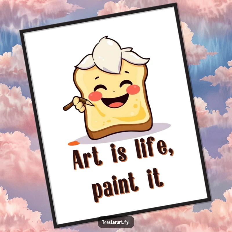 Funny Free Printable Wall Art: A joyful art brush character painting a smiley face on toast, a whimsical and colorful art piece.