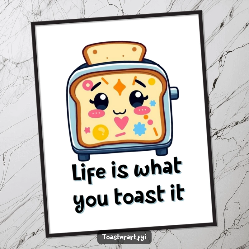 Funny Free Printable Wall Art: Playful toaster character making vibrant patterns on toast, a cheerful and quirky art piece.