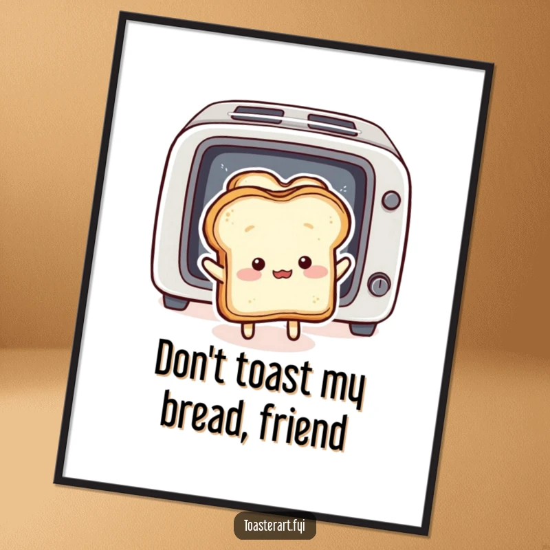 Funny Free Printable Wall Art: A fluffy bread slice character comically trying to push toast back into a toaster, in a hilarious standoff.