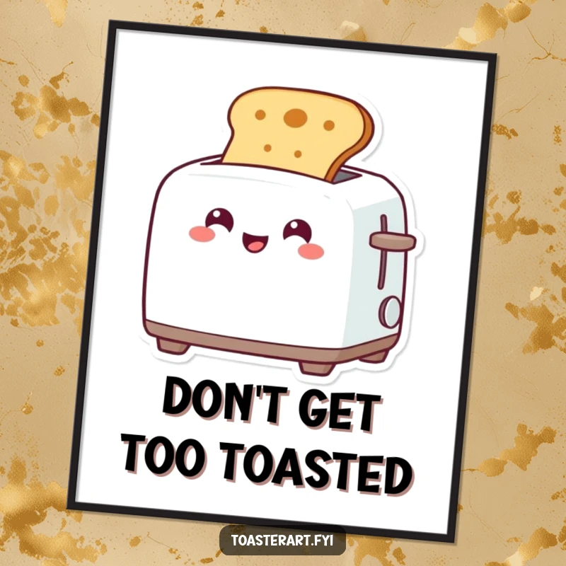 Funny Free Printable Wall Art depicting a grinning toaster character joyfully popping up perfectly toasted bread.