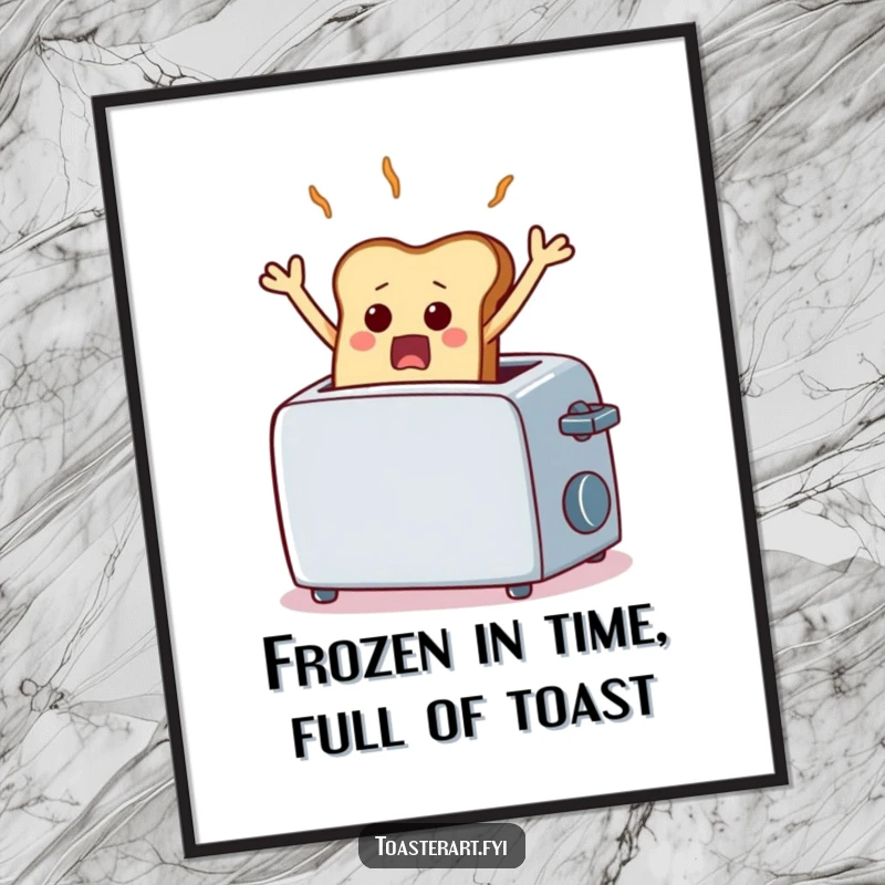 Funny Free Printable Wall Art: A scared piece of toast comically freezes mid-air from a toaster, a humorous pop art.