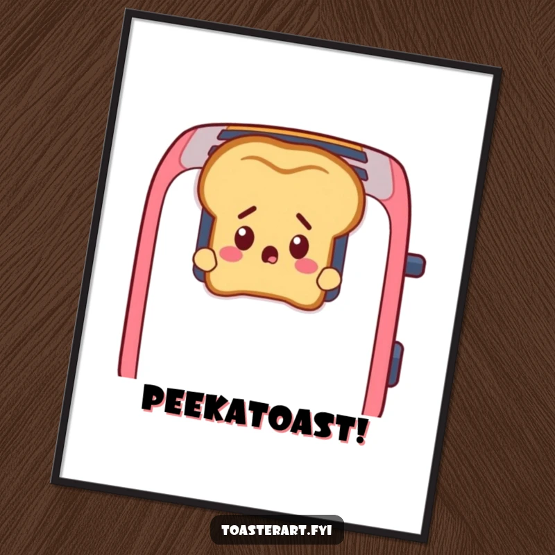 Funny Free Printable Wall Art: Startled slice of toast peeking with wide eyes from toaster slots, whimsical kitchen art.