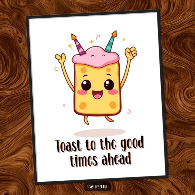 Funny Free Printable Wall Art showing a toast character performing a celebratory jump pose, exuding fun and high spirits.