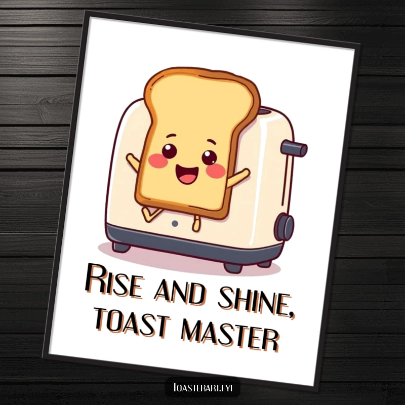 Funny Free Printable Wall Art: A joyful toast character comically leaping high out of a toaster, full of energy.